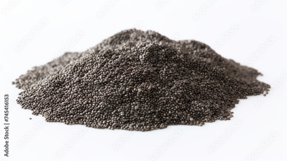 Poster a small pile of chia seeds showcased in a close-up realistic photo against a white background genera