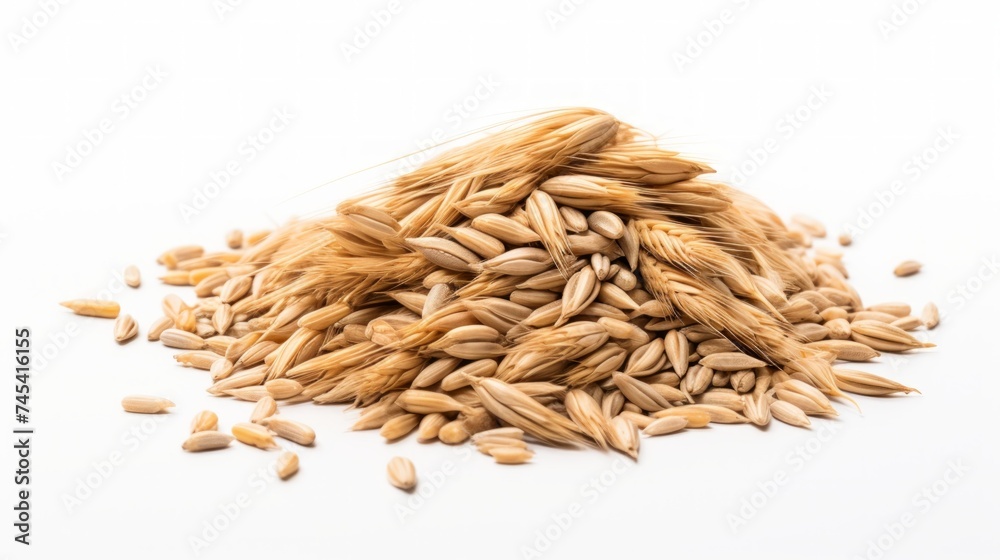 Poster a small pile of barley grains showcased in a close-up realistic photo against a white background gen