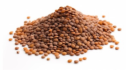 A small heap of lentils captured in a close-up realistic photo against a white background Generative AI