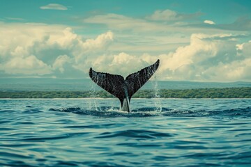 Fototapeta premium Humpback whale's tail fin, known as a fluke, above ocean surface with tropical coastline in the background. Place for text