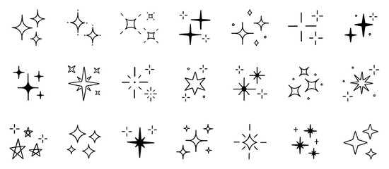 Stars and sparkles doodle set. Twinkle, blink, firework, glitter silhouette and glowing symbols in sketch style. Hand drawn vector illustration isolated on white background © AnyaLi