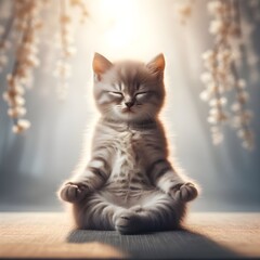 Little kitten sitting on the floor and performing meditation.