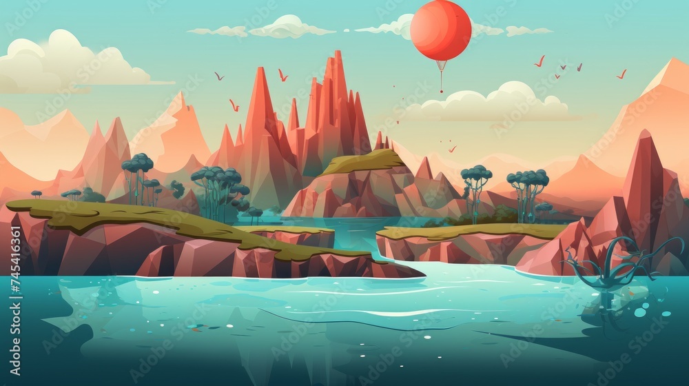 Poster generative ai a surreal, otherworldly landscape with floating islands. vector cartoon graphic