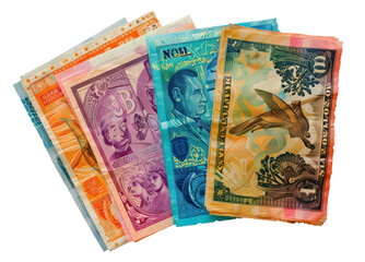 Colorful assortment of international banknotes, cut out - stock png.
