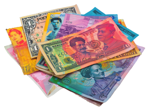 Colorful assortment of international banknotes, cut out - stock png.