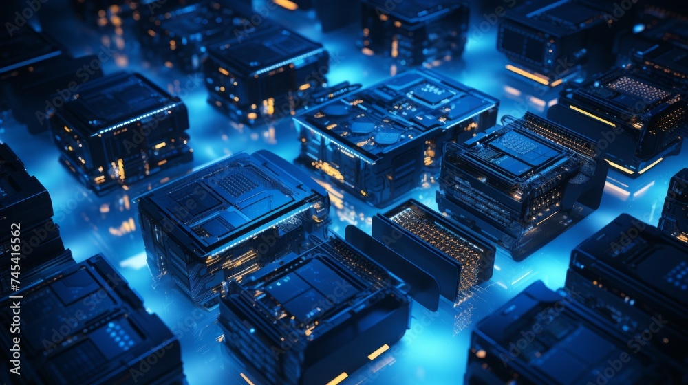 Aufkleber Generative AI A top-down view of a networked cluster of servers and workstations in a render farm, illustrating the interconnected infrastructure powering high-quality graphics and animations