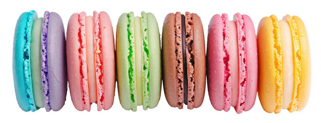 Row of colorful French macarons, cut out - stock png.