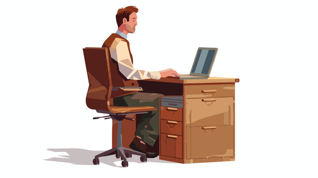 Man Sitting Workplace Cabinet File Desk Laptop Vector