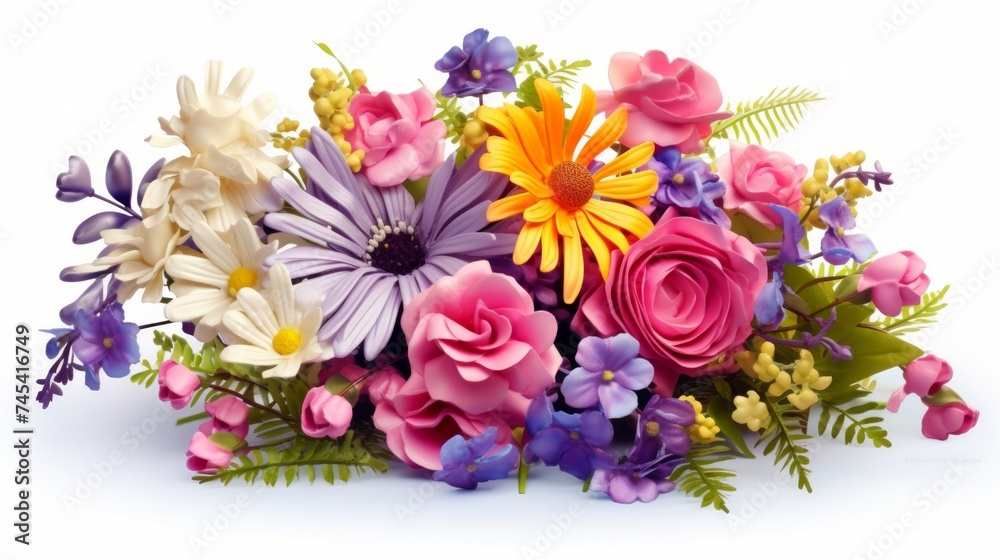 Poster Generative AI A vibrant bouquet of assorted flowers arranged elegantly on a white background, with ample space for personalized messages or text.