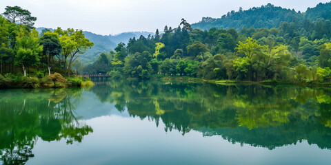 A panoramic view of a tranquil lake surrounded by lush foliage in various shades of green, reflecting the peaceful harmony of nature's rejuvenation in the month of May