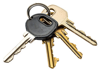Set of various keys on keyrings, cut out - stock png.