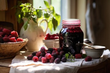 Rustic country kitchen with a sunlit spread of ripe berries and jar of preserves, inviting a taste of summer.