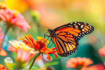 A close-up shot of a vibrant monarch butterfly perched on a newly bloomed flower, symbolizing the return of pollinators and the vibrant renewal of ecosystems in May