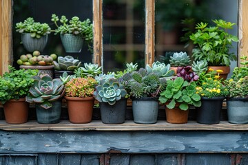 Assorted succulent plants in various pots on a windowsill, with reflections in the window glass.