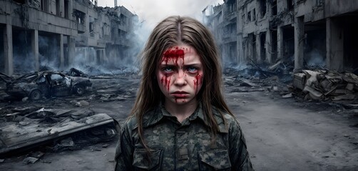 A child with soulful eyes stands in a war-shattered street, her face marked by the blood of conflict, a haunting reminder of war's youngest victims.