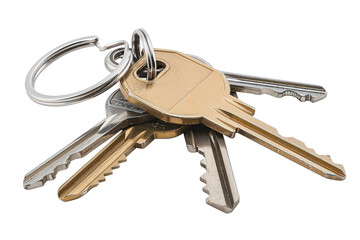Set of various keys on keyrings, cut out - stock png.