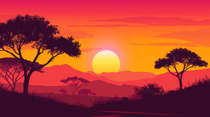 A silhouetted landscape with vibrant hues of orange and pink as the sun dips below the horizon