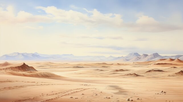 Generative AI A vast desert with sand dunes and a clear horizon. landscape watercolor © vadosloginov