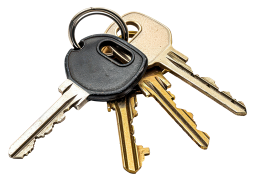 Set of various keys on keyrings, cut out - stock png.