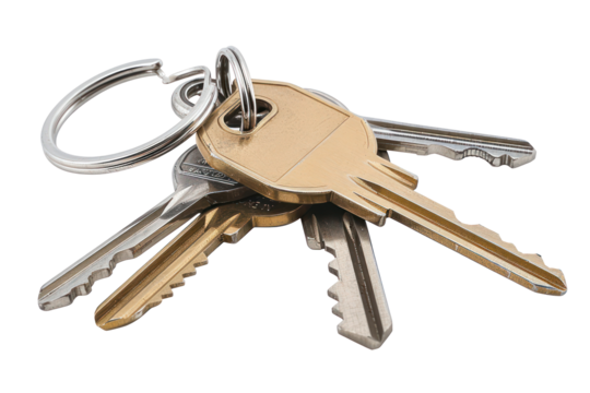 Set of various keys on keyrings, cut out - stock png.