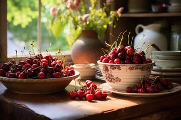 Fresh cherries in an antique bowl rest on a rustic table with soft light shining through the window