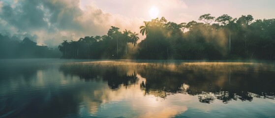 The first light of dawn peeks through clouds, illuminating the mist over a tranquil tropical lake surrounded by dense forest. The water's surface reflects the ethereal morning light.