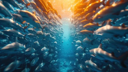Fotobehang  a large group of fish swimming in a large body of water with a bright light coming from the top of one of the fish's back's sides. © Wall