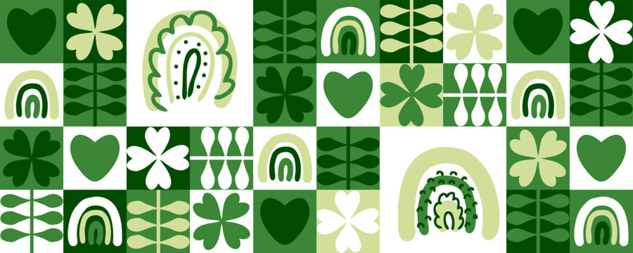 Hand drawn horizontal banner with four leaf clovers, rainbows and hearts. Saint Patricks Day print for card, cup, mug, banner. Doodle vector illustration. - Powered by Adobe