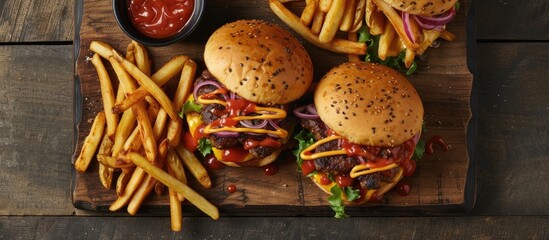 A wooden cutting board is displayed with two hamburgers topped with a quarter-pound patty, melted cheddar cheese, and plenty of sauce, accompanied by a side of crispy fries.