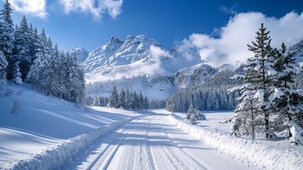Snow-covered landscape with mountain and trees, representing winter, serenity, nature, and beauty.
