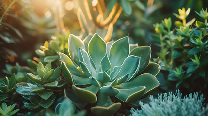 Planta suculenta vibrante com gotas de água em folhas contra um fundo desfocado de outras plantas em vasos - obrazy, fototapety, plakaty