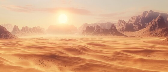 Fototapeta na wymiar As dusk settles, the serene desert offers a peaceful landscape, with gentle dunes leading towards distant mountains under a sky painted with soft pastel hues.