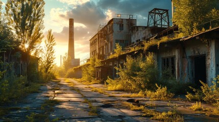 Generative AI Abandoned Chernobyl nuclear power plant, haunting atmosphere, dilapidated structures, overgrown vegetation, eerie photorealistic depiction - obrazy, fototapety, plakaty