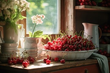 Cherries bask in sunlight on a rustic table, with blooms and pitchers, evoking a serene country morning. - obrazy, fototapety, plakaty
