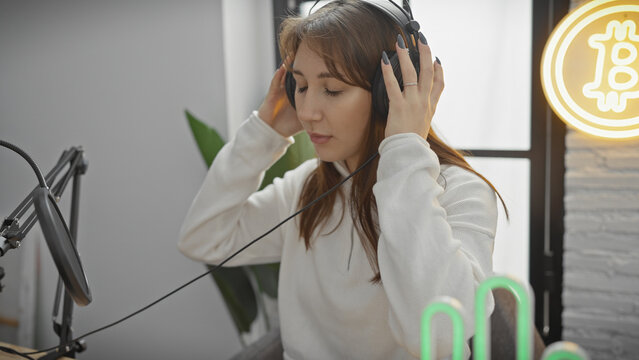 Caucasian woman with headphones in a modern radio studio illuminated by a neon bitcoin logo