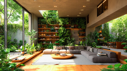 Stylish Interior with Plants. Comfortable Living Room with Green Wall