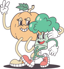 Groovy cartoon retro broccoli and pumpkin characters