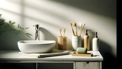 Fototapeta na wymiar Minimalist Bathroom with Eco-Friendly Products