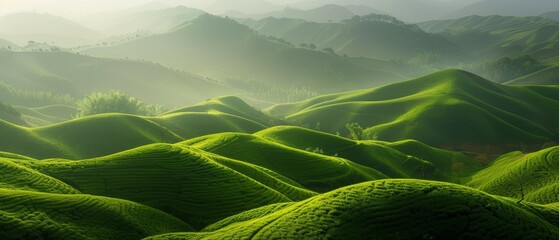 Sunlight filters through the clouds, illuminating the vivid green folds of mountainous terrain. The...