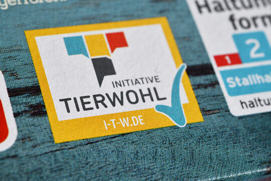 Hamburg, Germany - January 19, 2024: closeup of the product seal Animal welfare initiative - in German Initiative Tierwohl, ITW