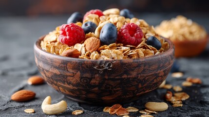 Fresh milk and yogurt bowl with cereal flakes, dried nuts, and berries   cold natural breakfast