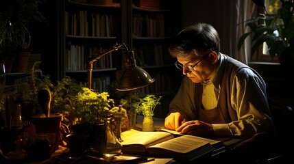 A man reads a book, sits on an armchair in a cozy room, good lighting