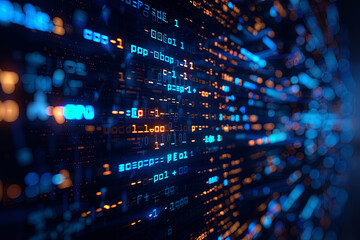 Binary matrix background. Falling digits on dark backdrop. Running random numbers. Abstract data concept. Blue futuristic cyberspace. - obrazy, fototapety, plakaty