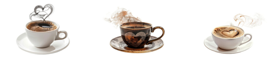 Set of hot coffee with swirling smoke in white cup, cut out - stock png.