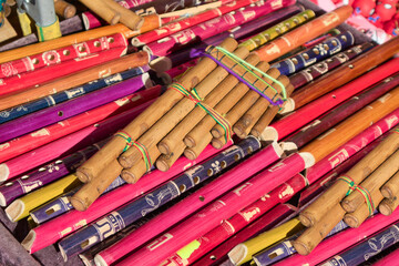 Indigenous style bamboo and pan flutes at an ethnic market