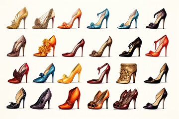 collage of different illustrations of heeled shoes on white background