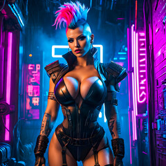 Sensual Cyber Girl.  Cyberpunk Femme Fatale.  Fashionable Girl in Neon Punk World