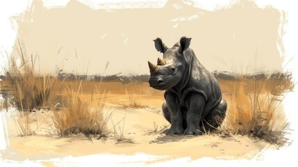 Rhino in the Wild, A Rhino in its Natural Habitat, The Solitude of a Rhino, An Artistic Portrayal of a Rhino in the Desert.