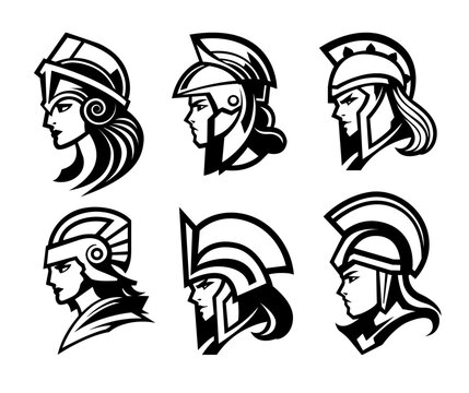 A collection of vector logos of spartan women with helmets, minerva, valkyries, atenea.