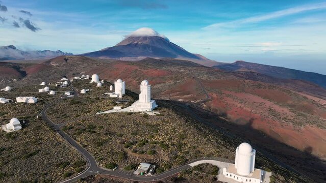 Aerial view of Space Observatory on the mountain near Teide volcano on Tenerife, Canary islands, Spain